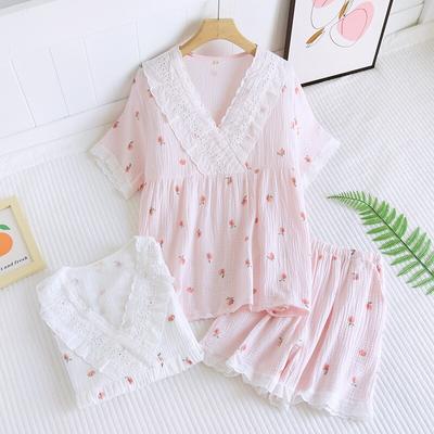 Japanischer Sommer-Pyjama für Damen, kurzärmelig, Shorts, zweiteilig, 100 % Baumwollkrepp, V-Ausschnitt, große Größe, Homewear-Anzug für Damen