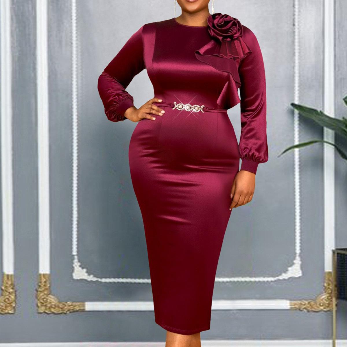 

Plus-Size Wine Red 3D Flower Bodycon Dress - Elegant Long Sleeve Banquet Design 3XL вина червоного кольору