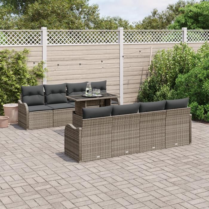 Ensemble de Canapés de Jardin 9 Pièces avec Coussins Gris Poly Rattan, Canapé de Jardin 2 Places avec Coussins Gris Poly 3348425