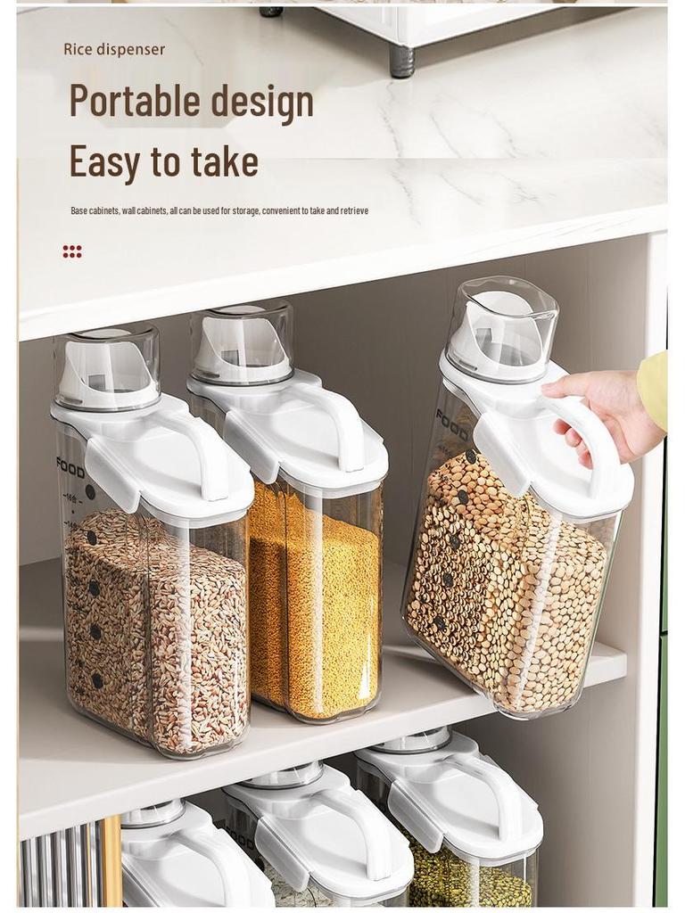 Transparent Portable Sealed Container with Measuring Cup for Grain, Cereal, Rice, Cat Food - Moisture & Insect Proof Kitchen Storage.