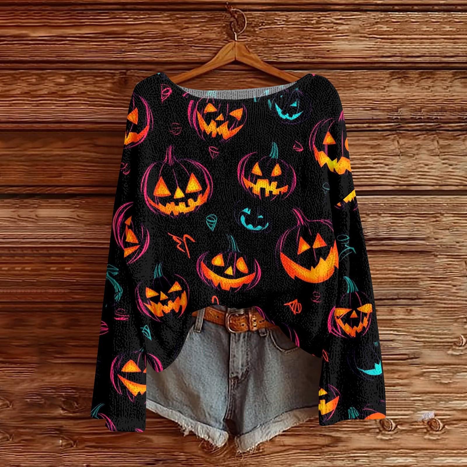 

Свитшоты на Хэллоуин для женщин, вязаный свитер, милая рубашка, осенний свитер с круглым вырезом, топы XXL шафрановый