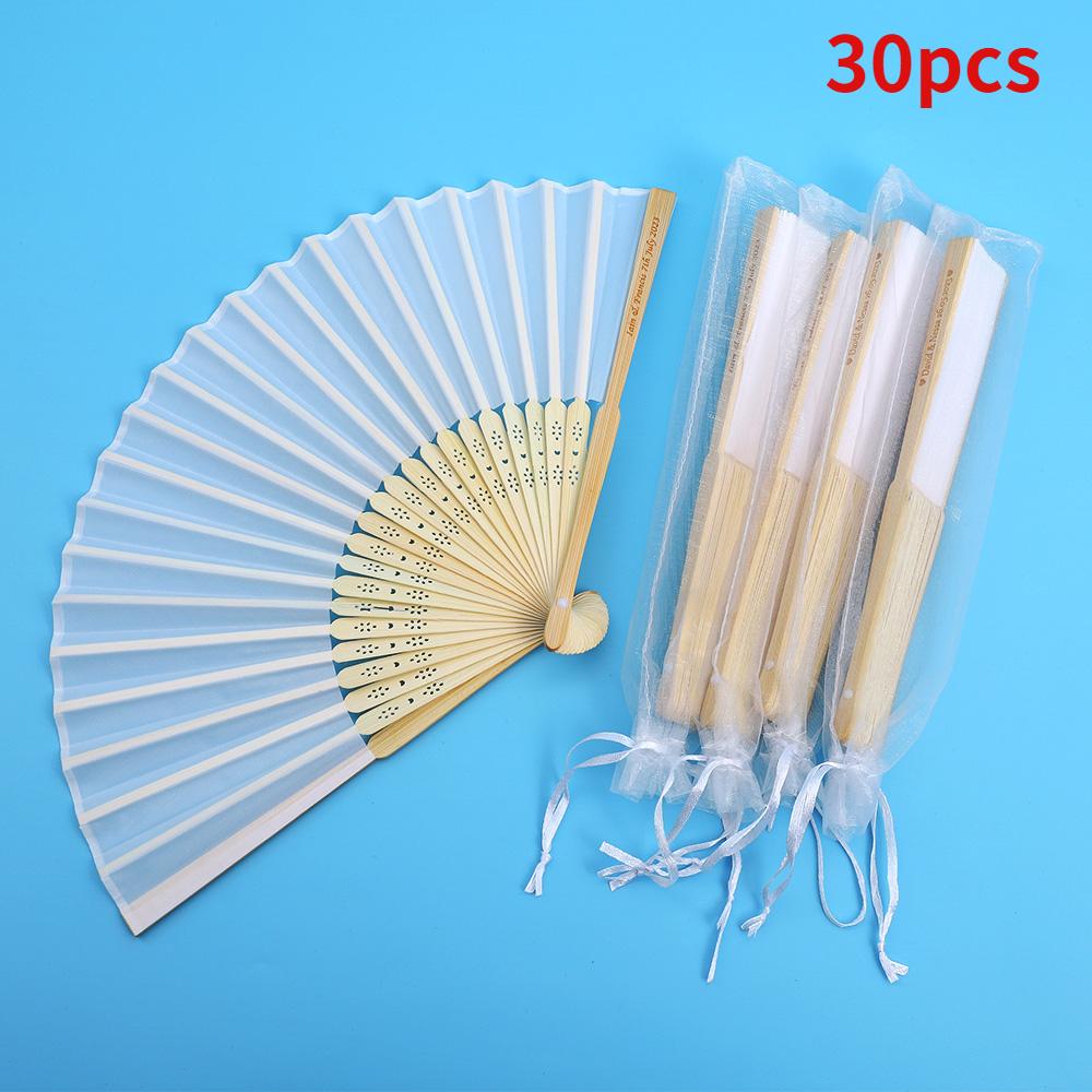 20/70 PCS Personalized Engraved White Folding Elegant Silk Hand Fan with Gift Bag Wedding Favors