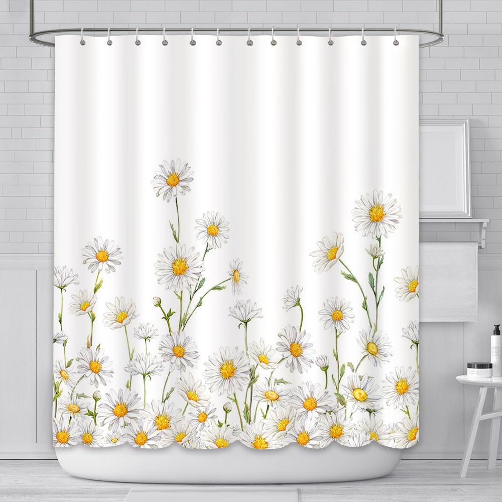 Dunika Chen White Daisy Pattern Shower Curtain With Country Style Flower Design Bathroom Shower Curtain With 12 Hooks, Size 180 X 180Cm