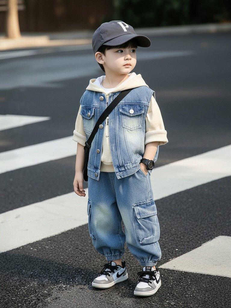Koreanischer Stil Jungen Frühling/Herbst 2026 Jeansweste 3-teiliges Set - Cooles und hübsches Hemd für Kinder