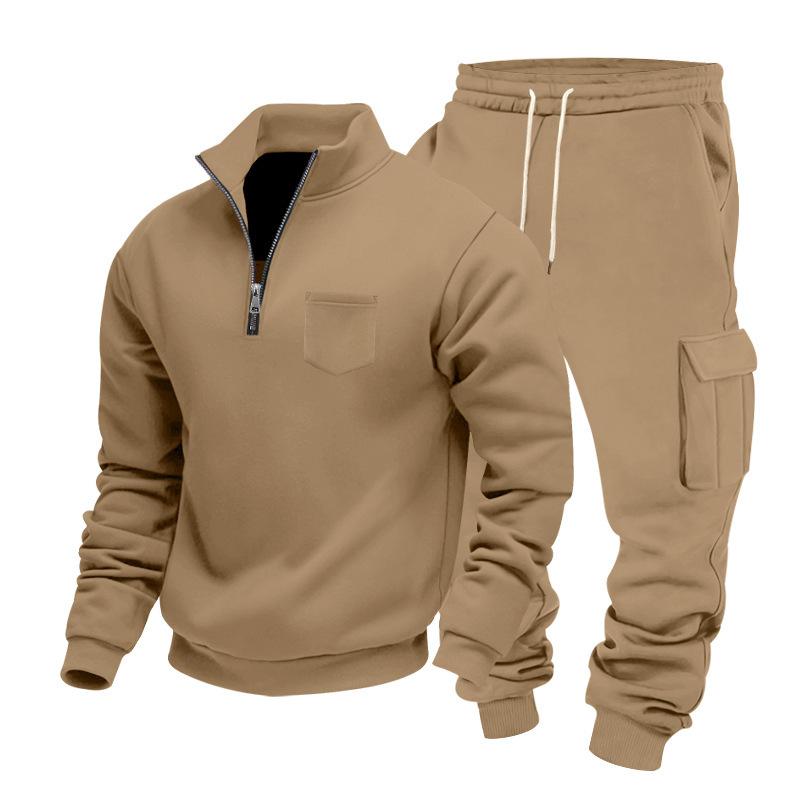 Autumn/Winter Heavyweight Men's Oversized Fleece-Lined Workwear Commuter Stand-Collar Sweatshirt & Workwear Sweatpants Two-Piece Set