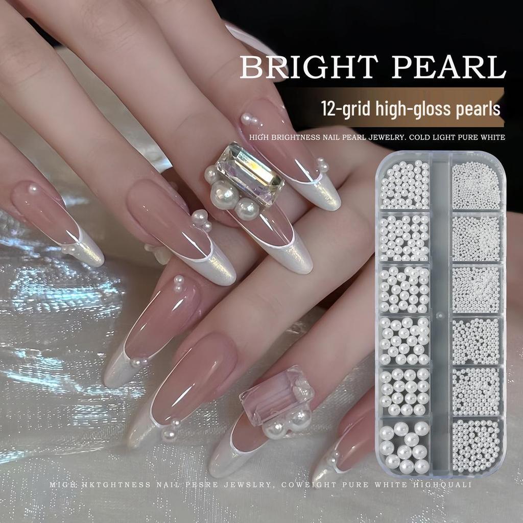 12-Grid High-Gloss Pearl Rice White Nail Art Decorations: 6-Piece Round and Half-Round Mixed Size Set