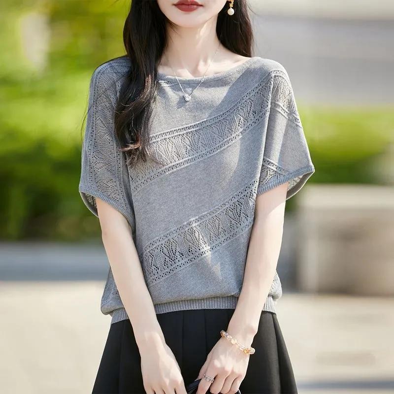 Women s Beige Diagonal Hollow Knit Boat Neck Batwing Short Sleeve Casual Knit Top M серый