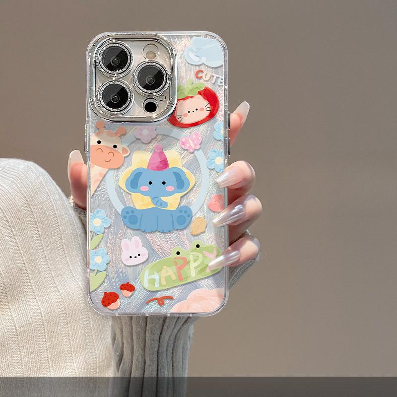 Cute Animal Magnetic Stent Suitable for Apple 15 Feather Yarn Mobile Phone Case 14PRO Full-inclusive Lens Film 13/12
