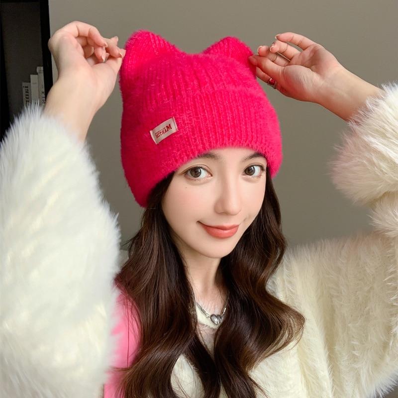 Noi femei drăguțe urechi de pisică Pălărie de iarnă Pălărie tricotată de modă cu blană artificială Stil Kpop Pălării moale Beanie Bomboane Femei Streetwear Cap
