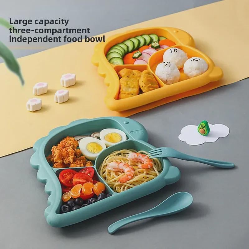 Creative Cartoon Dinosaur Children's Feeding Set: Includes Thickened Plate, Bowl, Spoon, and Fork for Babies and Kindergarten Use.