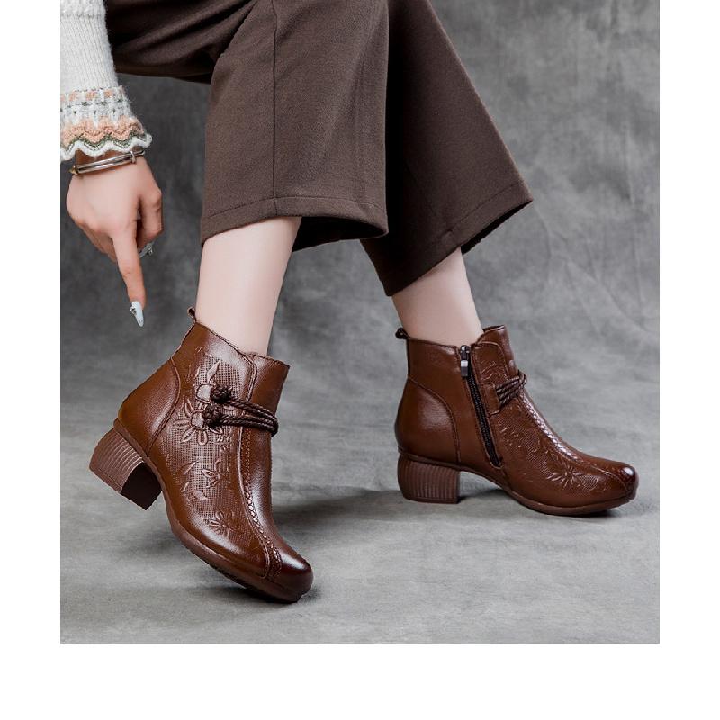 New Women's Retro Chunky Heel Short Boots, Genuine Leather Round Toe Shoes, Non-Slip for Fall/Winter, Commuting & Casual