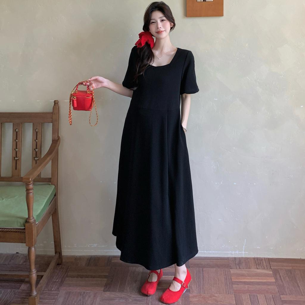 Dimanaf Women 2025 Plus Size Solid Dress Summer Vintage Dress Basic Long Casual Loose Black Dress Maxi