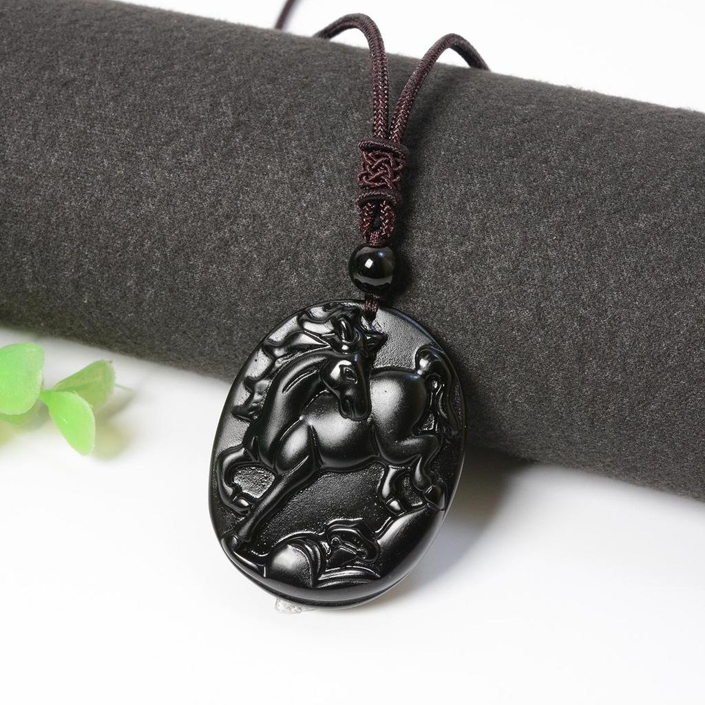 Twelve Zodiac Obsidian Guardian Pendant Necklace - Zodiac Crystal Mahjong Design