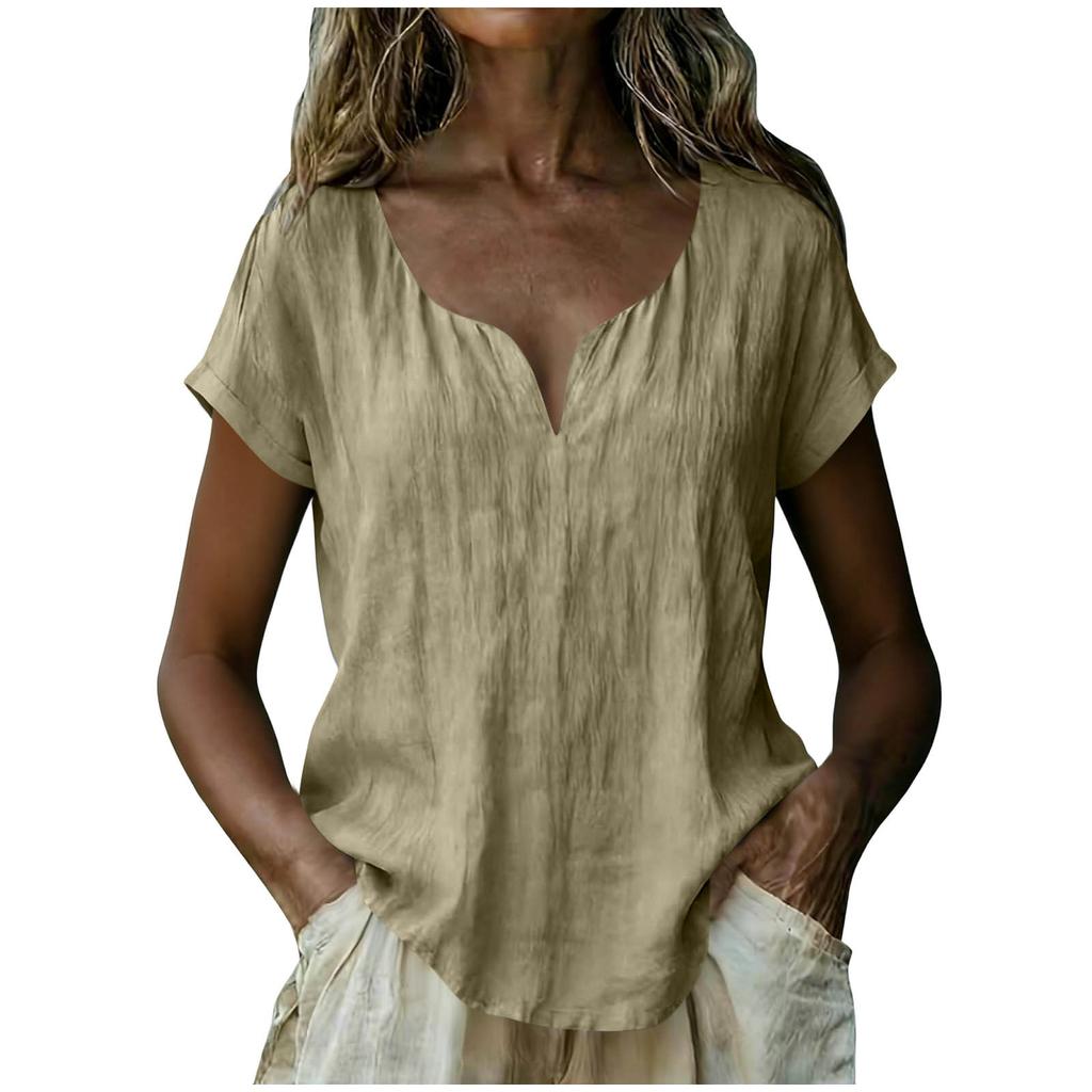 Women's Loose-Fit Fashionable Cotton-Linen -Color V-Neck Casual Top