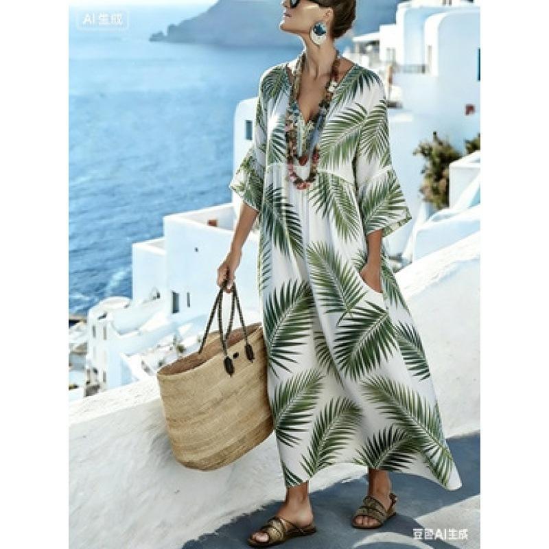 New retro ethnic style geometric rhombus print dress V-neck flared mid-sleeved pocket loose holiday dress