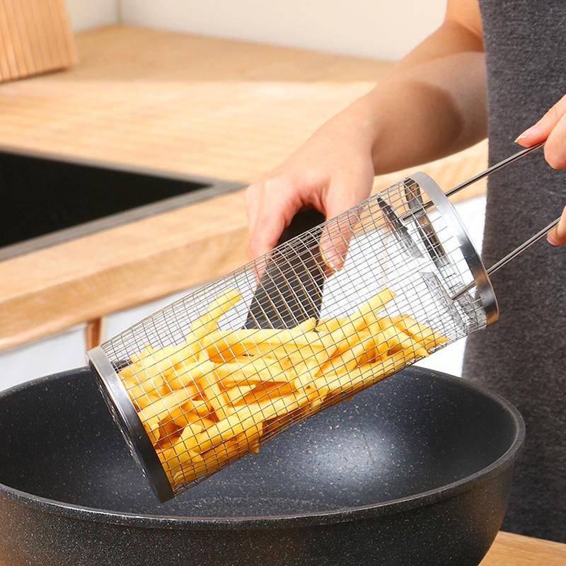 Stainless Steel Round Barbecue Net,Rolling Barbecue Grill Cage,Portable Barbecue Grill Net,Barbecue Basket Outdoor Camping