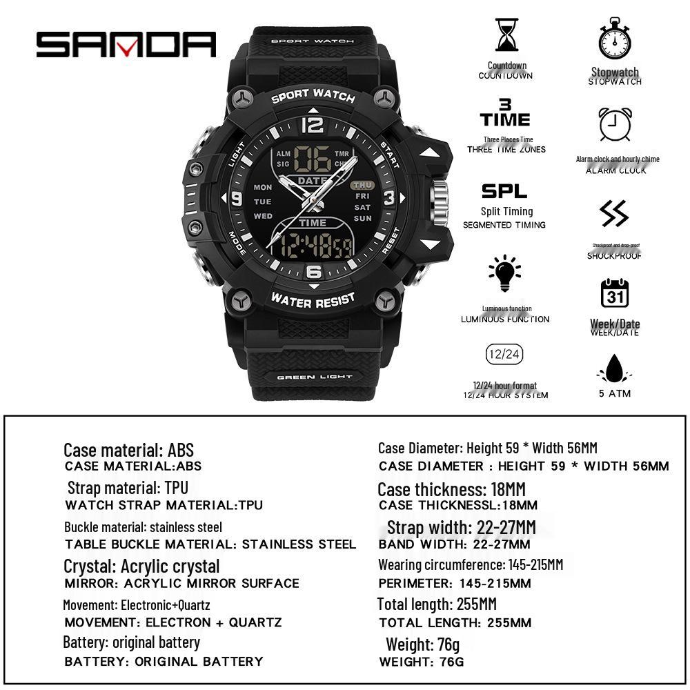 Sanda Dual-Movement Sports Watch with Countdown, Alarm, Night Light, Waterproof, and Multi-Function Features for Students.
