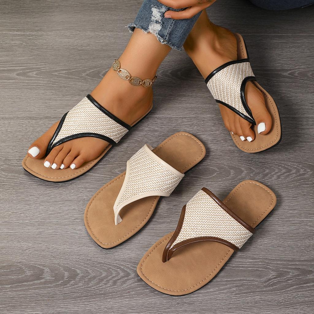 Korean version 2025 summer new pinch foot cool slippers flat-bottomed canvas niche retro versatile toe flip-flops shoes women