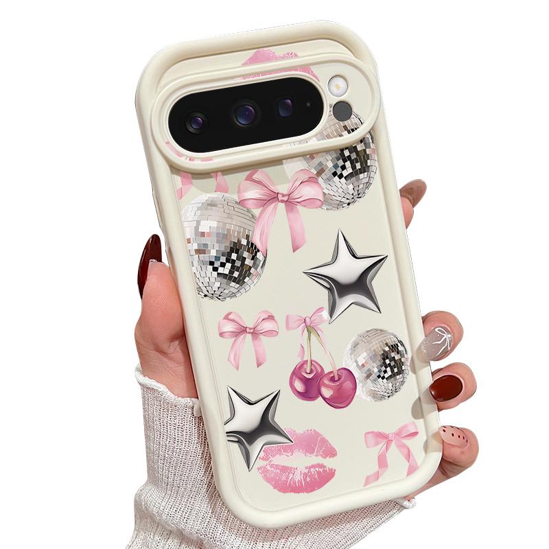 For Google Pixel 10 Pro XL Case Cherry Bowknots Lips Disco Ball Pattern Shockproof Bumper Silicone Cover For Pixel 9A 9 8 7 Pro 8A 7A