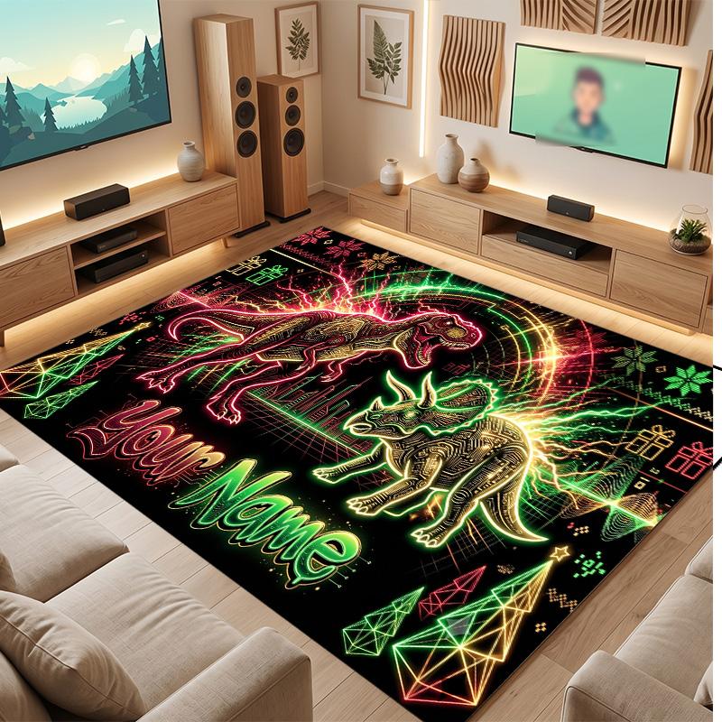 Dinosaur Theme Soft Crystal Velvet Rug Custom Name & Text Print Non Slip Floor Rug for Bedroom Living Room