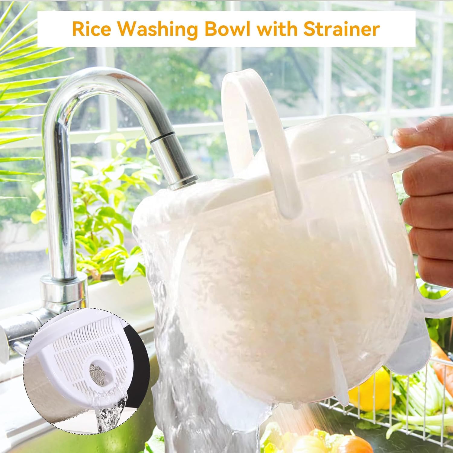 14oz Rice Washer, Plastic Quinoa Grain Rice Washing Bowl Vegetable Fruit Pasta Strainer Kitchen Colander with Handle for Washing Rice, Multigrain,