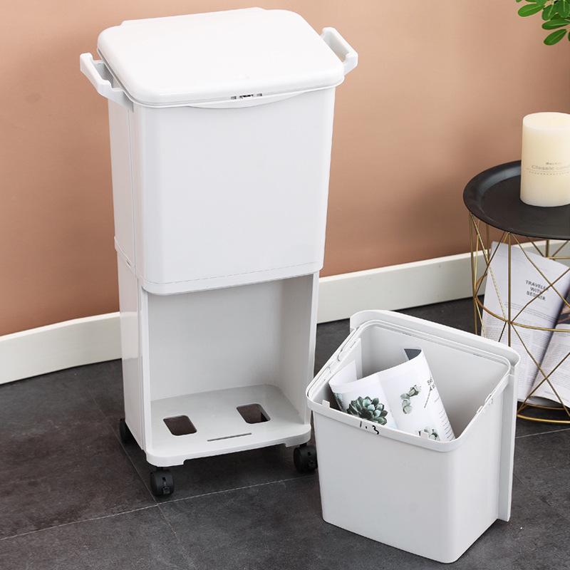 Odor-Proof Kitchen Trash Can with Lid, Movable, Large Capacity, Double Layer, Dry & Wet Waste Separation.