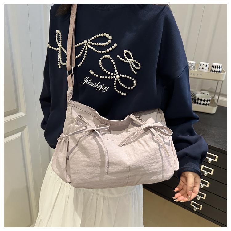 Pleated Bow Knot Tote Bag for Women Cotton Large Capacity Shoulder Crossbody Bag