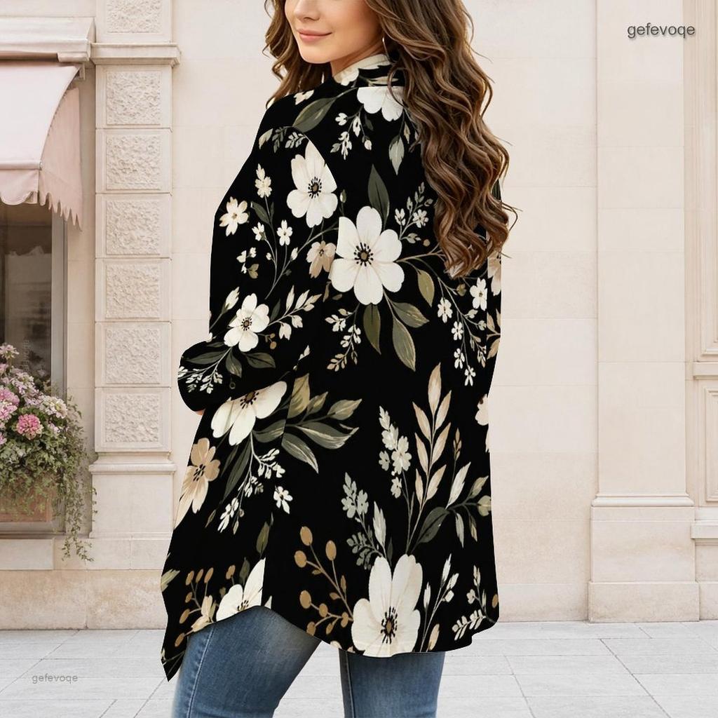 Women Plus Size Floral Printed Long Sleeve Open Front Draped Collar Curved Hem Cardigan