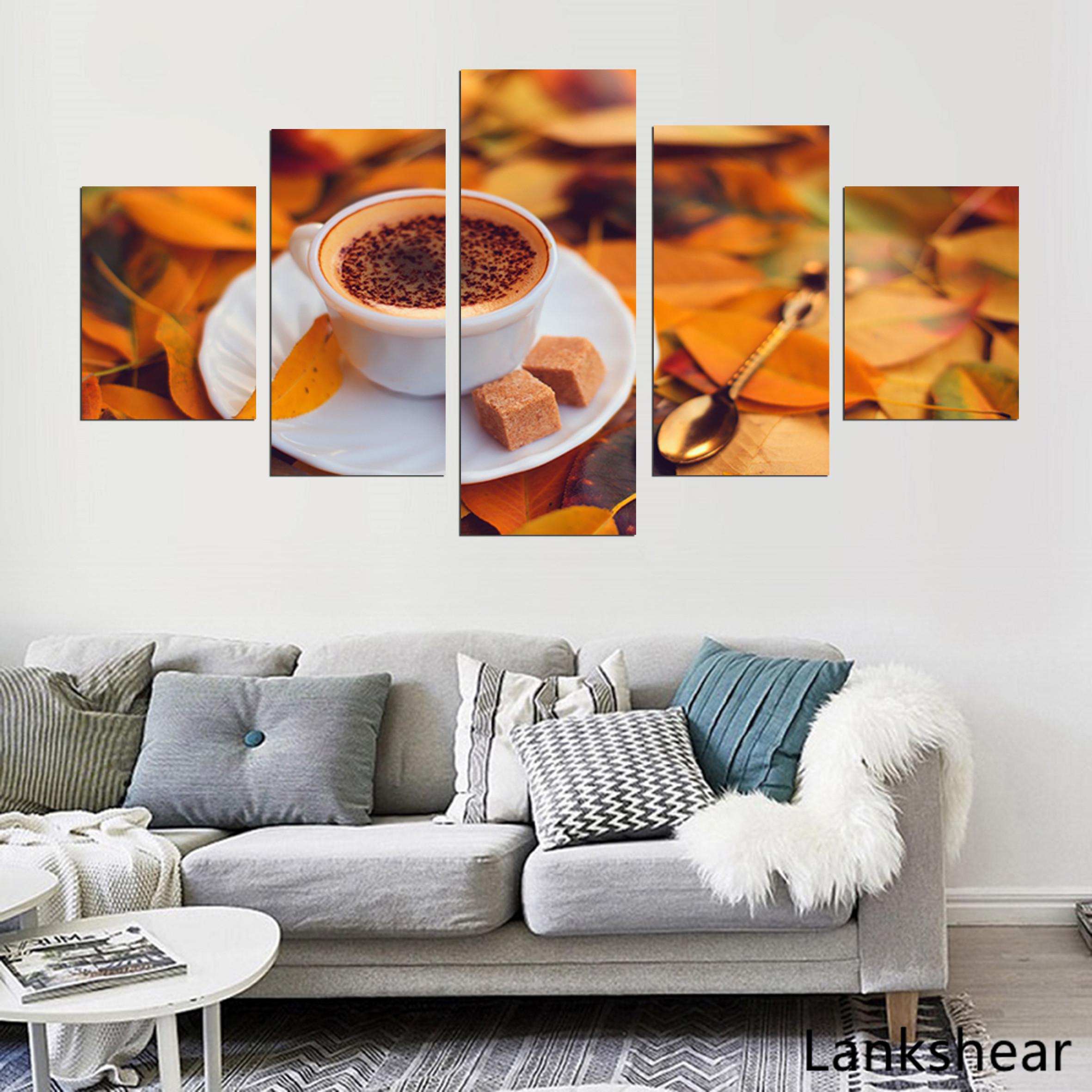 

Модульная картина на холсте «Кофе с желтыми осенними листьями», картины на стену, в рамке, 5 шт., украшение для дома для гостиной 20x35cm*2 20x45cm*2 20x55cm*1