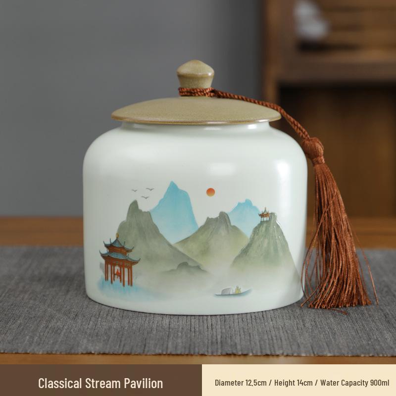 Large Ceramic Tea Storage Canister for Red, Green, Longjing, Biluochun, and Pu'er Tea - Half Jin Capacity