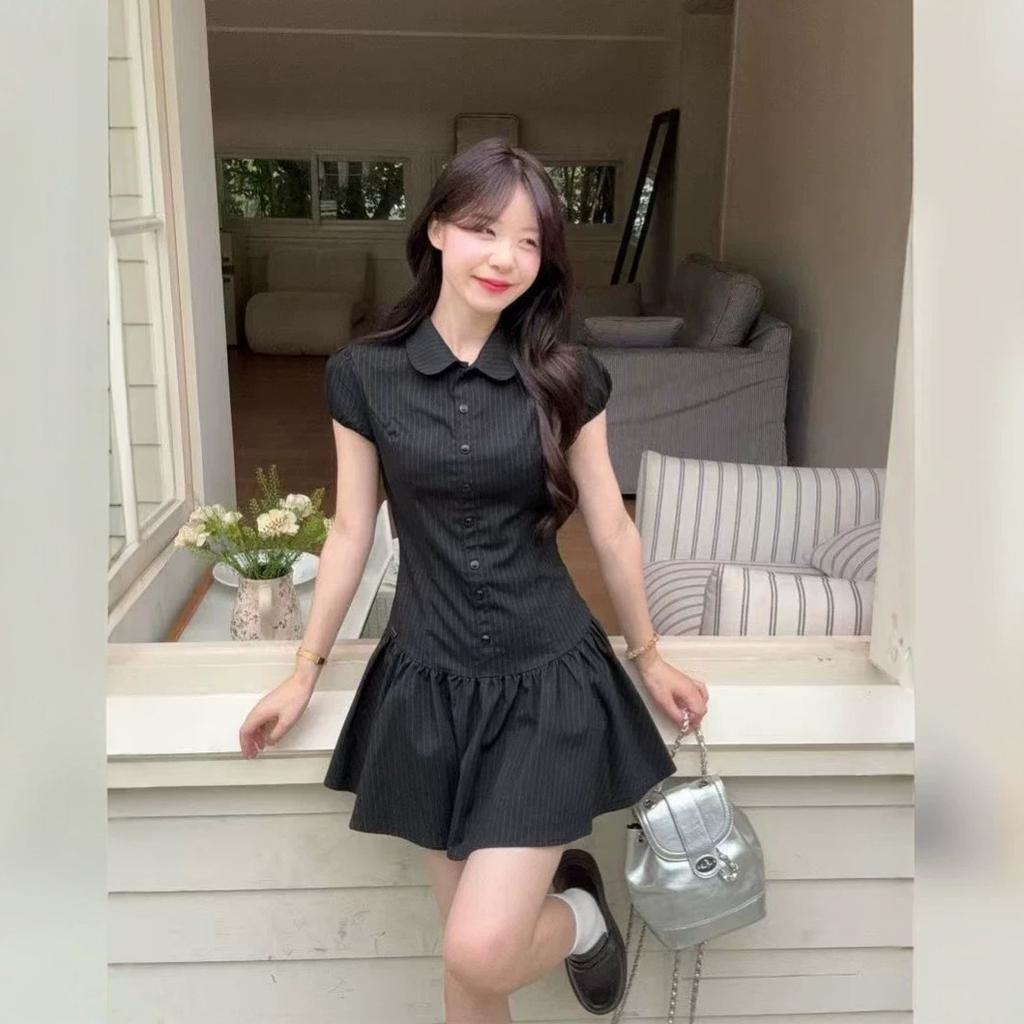 Academy Retro Black Striped Polo Neck Bubble Sleeve Dress Summer Slim and Skinny Temperament Short Skirt