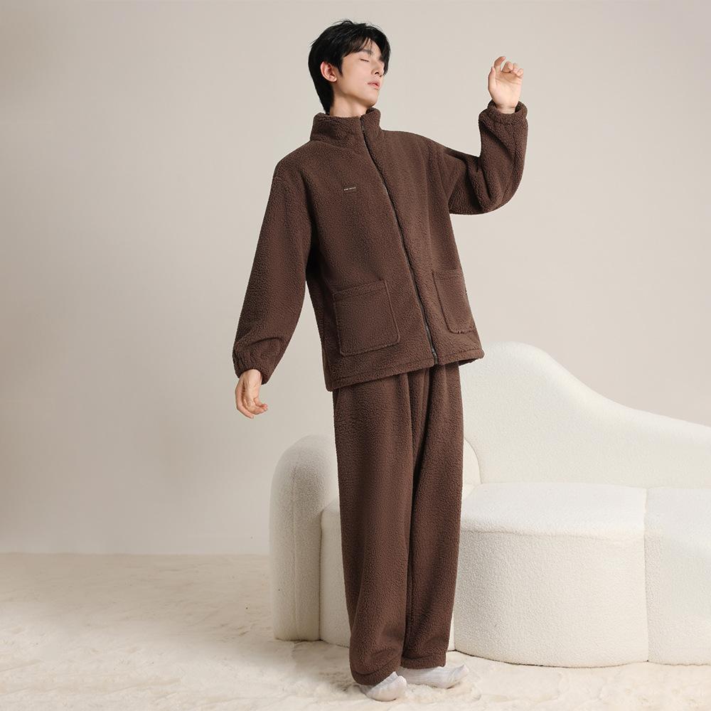Pajamas Couple Autumn And Winter Coral Fleece Thickened Fleece Warm Men And Women Zipper Simple Casual Can Be Worn Outside Loungewear