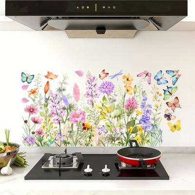Autocollants Muraux Fleurs Colorées Fleurs Sauvages Papillons Herbe Verte Autocollants Muraux Amovibles Peler et Coller Floral Mur