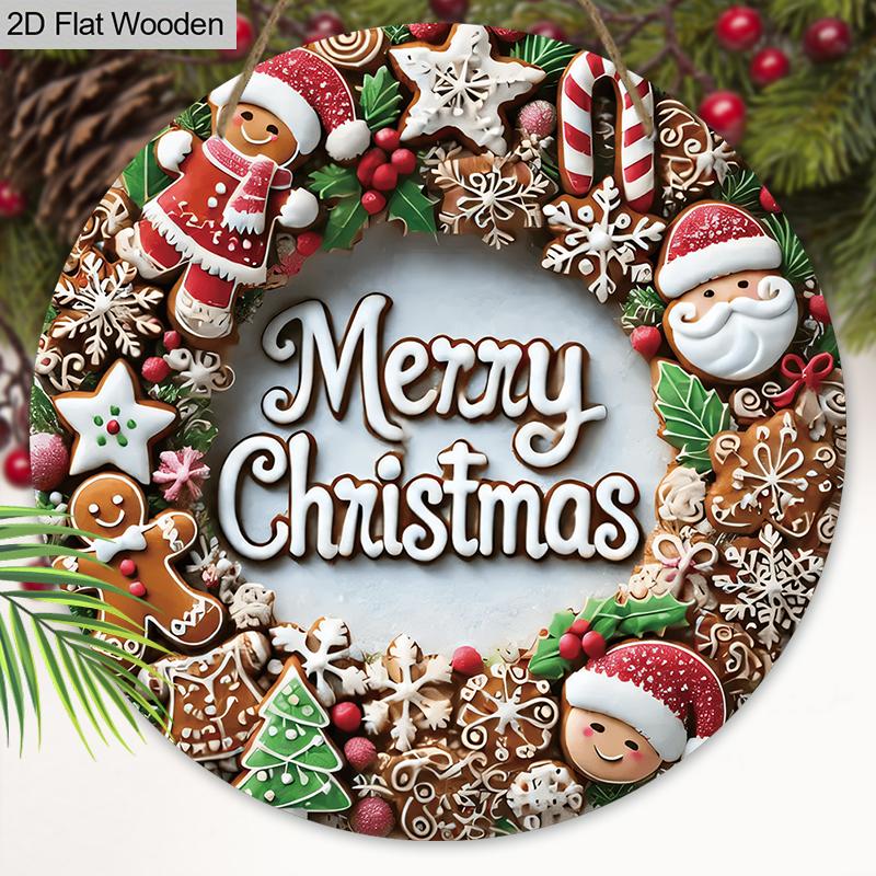 Merry Christmas Wooden Sign with Gingerbread Man & Santa Claus Pattern - Navidad Round Sign for Fornt Door, Wall Decor - Ideal Christmas Decoration