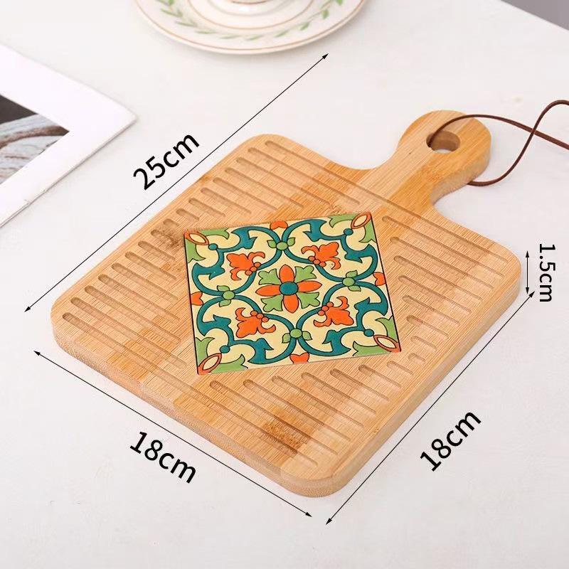 Retro Insulated Wooden Placemat for Pots and Plates, Flower Tile Design