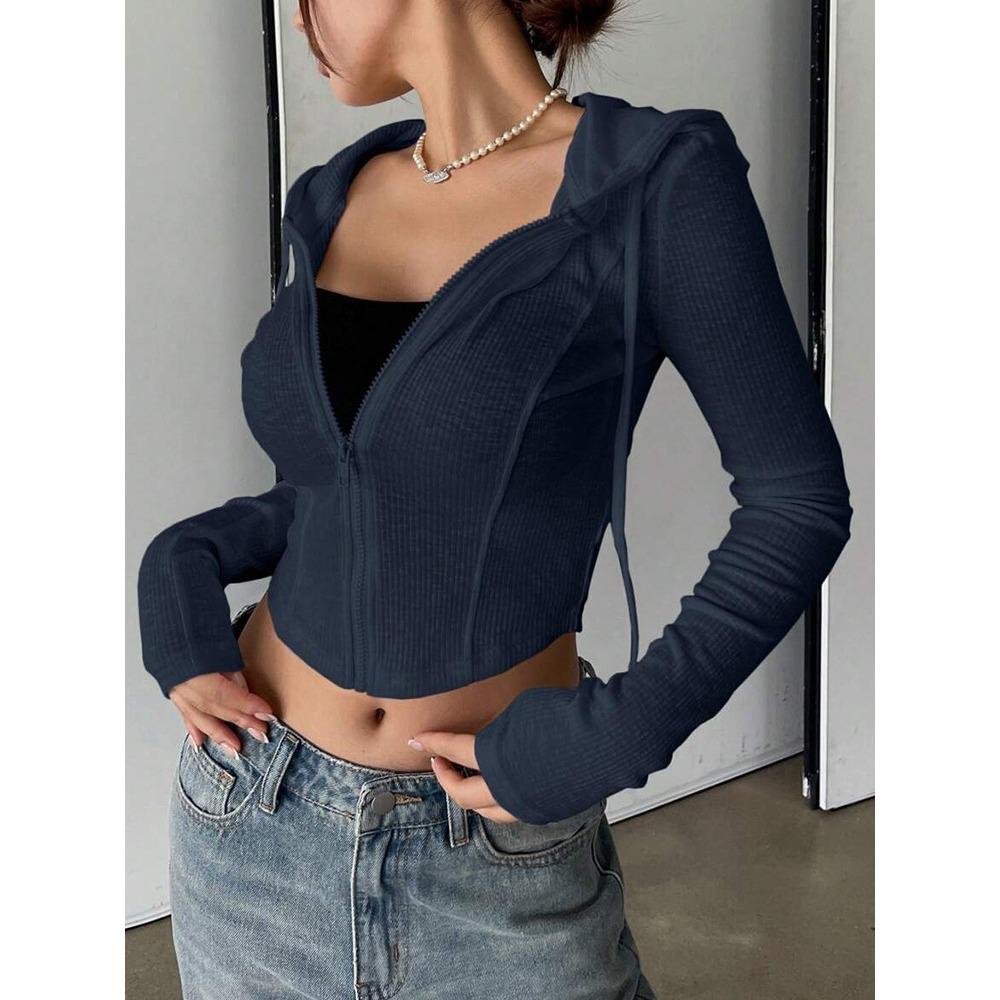 Módní dámská žebrovaná mikina s kapucí, Cropped top na zip s dlouhým rukávem, Univerzální ležérní top pro letní a jarní denní outfity
