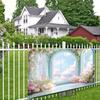 2D Pastel Blue Window Backdrop, Pink Flowers & Cloudy Sky Background