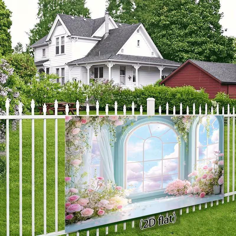 2D Pastel Blue Window Backdrop, Pink Flowers & Cloudy Sky Background