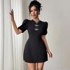 In Stock Women Round Neck Hollow Out Crystal Bow Puff Sleeve Waist Dress Women Mature Style French Retro Patchwork Slim Sexy Elegant Women Maxi Dress