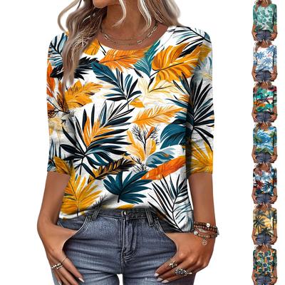 Módní vintage top s 3/4 rukávem pro ženy, dámská ležérní halenka s tříčtvrtečním rukávem a kulatým výstřihem s potiskem