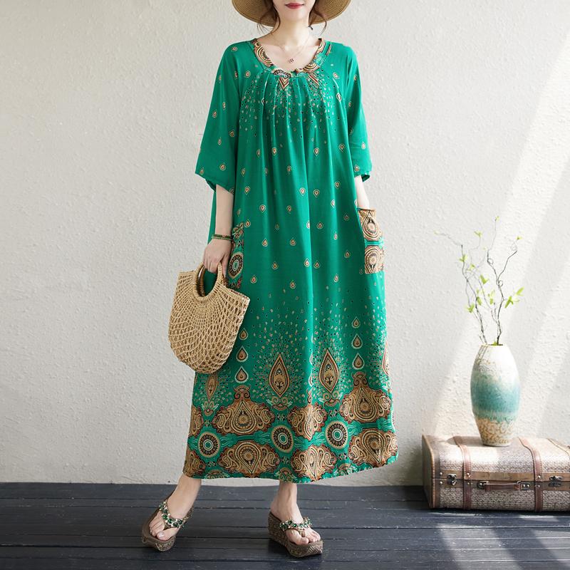 

Dimanaf 2024 платье больших размеров, летнее женское платье с круглым вырезом в винтажном стиле, с цветочным принтом, свободное, с коротким рукавом, праздничное, новое длинное платье One Size зелёный