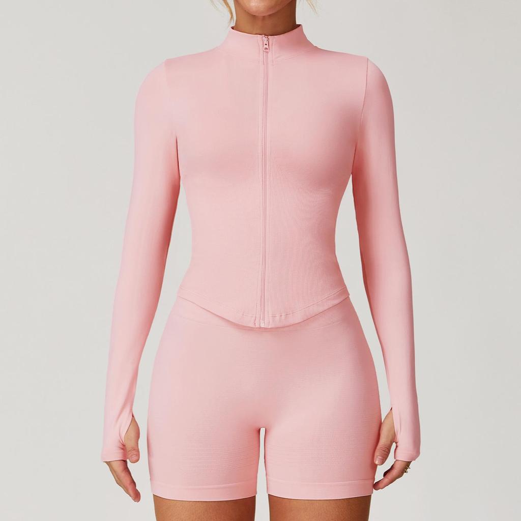 "Damska szybkoschnąca kurtka do jogi z długim rękawem zapinana na zamek, ze stójką 7725 - Krój europejski i amerykański, Top sportowy do fitnessu na zewnątrz"