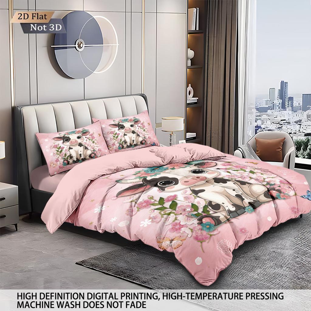 3pcs Valentine's Day Romantic Pink Cow Print Coreless Down Duvet Cover Set Comfortable Bedroom Bedding Decoration Machine Wash