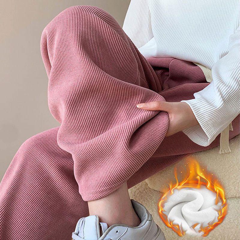 Women Winter Chic Winter Snow Warm Daily High Waisted Long Pants Lady Basic Baggy Straight Leg Wide Leg Plush Thermal Trousers