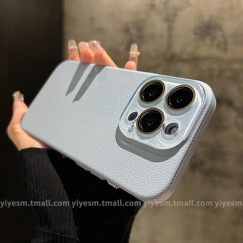 Applicable to iPhone15 lychee leather pattern mobile phone case Apple 14promax crystal lens 13 simple solid color protection