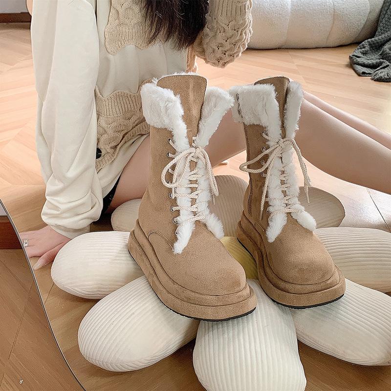 

Mao Mao Snow Boots Women s 2024 Autumn and Winter Thick-soled Height-increasing Martin Boots Fleece Warm Medium Tube Lace-up Short Boots Cotton Shoes 35 хаки