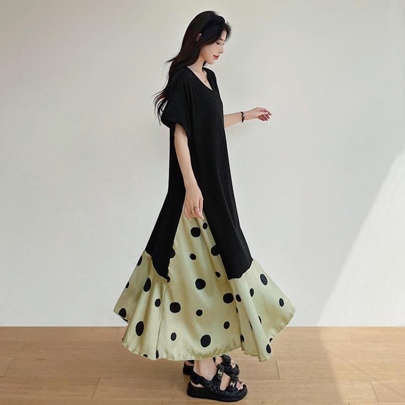 YYFS Damenmode Sommer Frühling Polka Dot Print Kurzarm V-Ausschnitt Lockere Taille Freizeitkleider