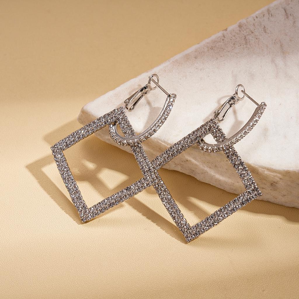 Light luxury style diamond-set square geometric silver needle earrings fashion earrings temperament earrings