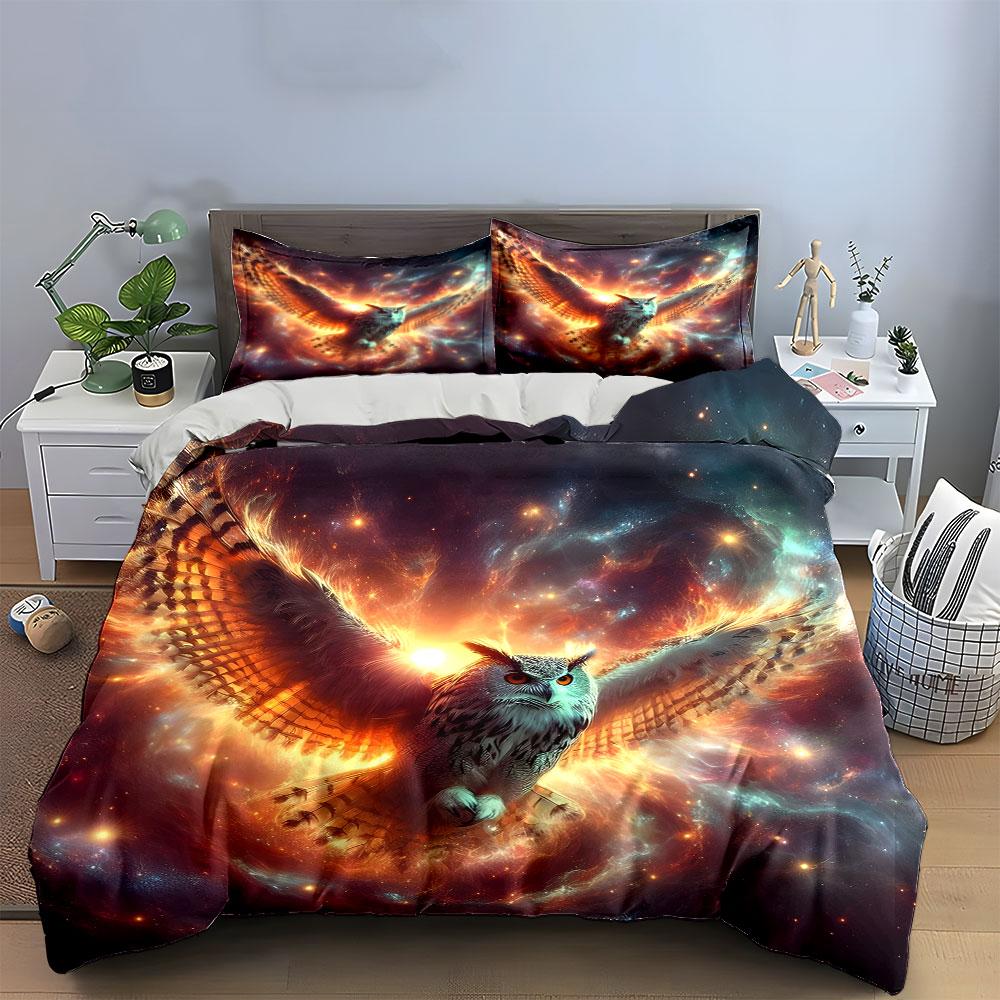 Fiery Owl Cosmic Decor Set Bedding Set With 1 Duvet Cover 2 Pillowcases Single Double King Queen, Gift