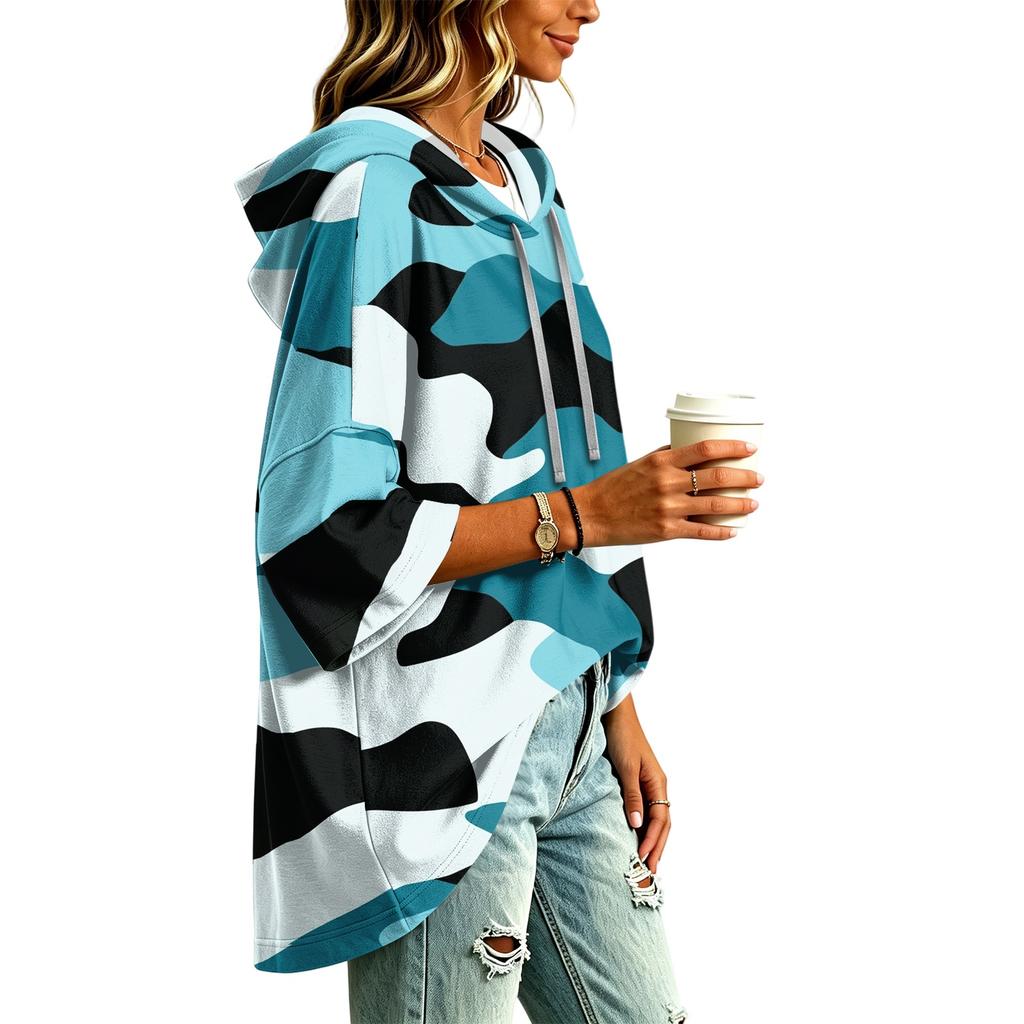 Women's Casual Camouflage Print Hooded Pullover Top with Three-Quarter Sleeves